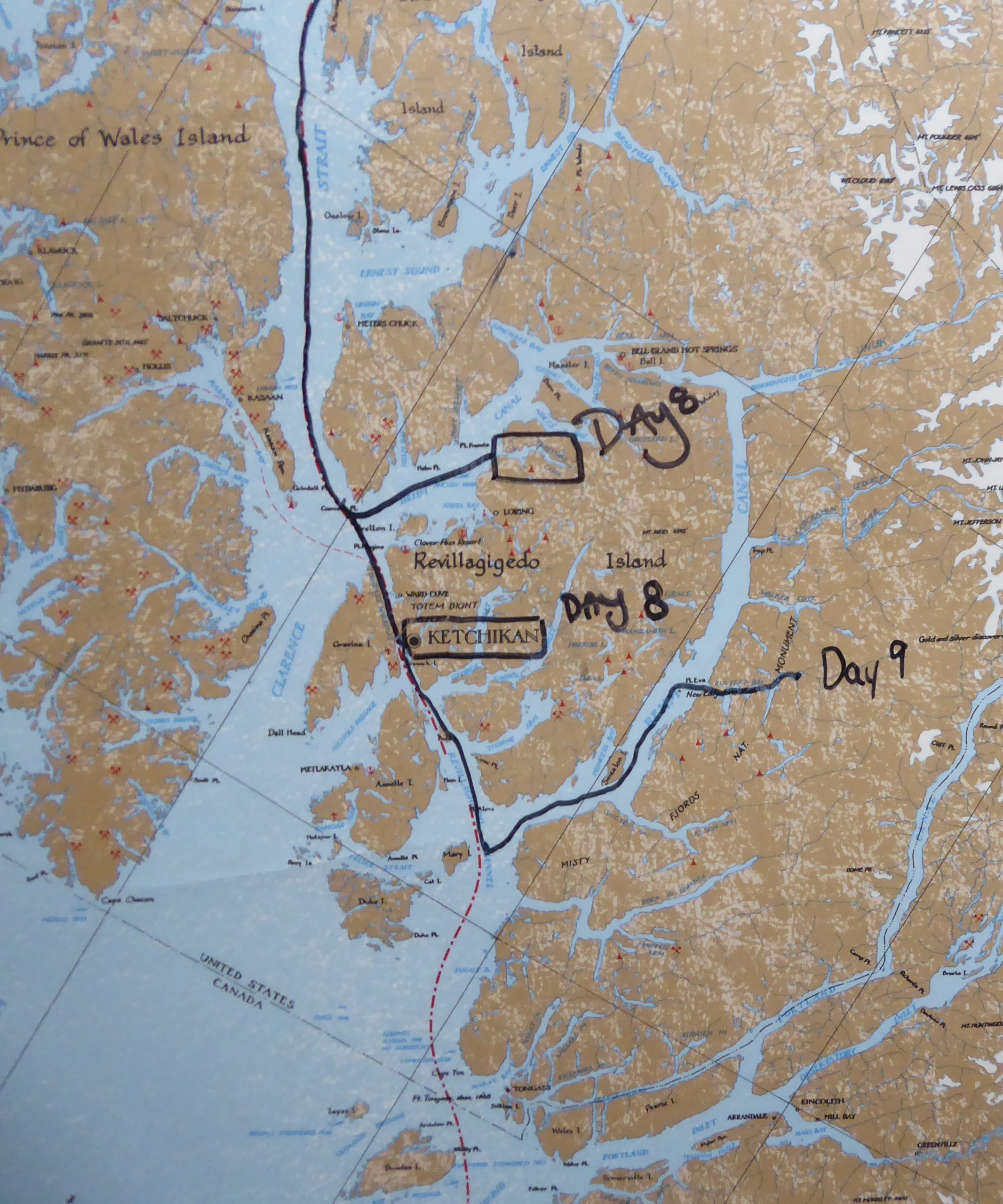 Partial map of SE Alaska depicting stops on days 8 and 9